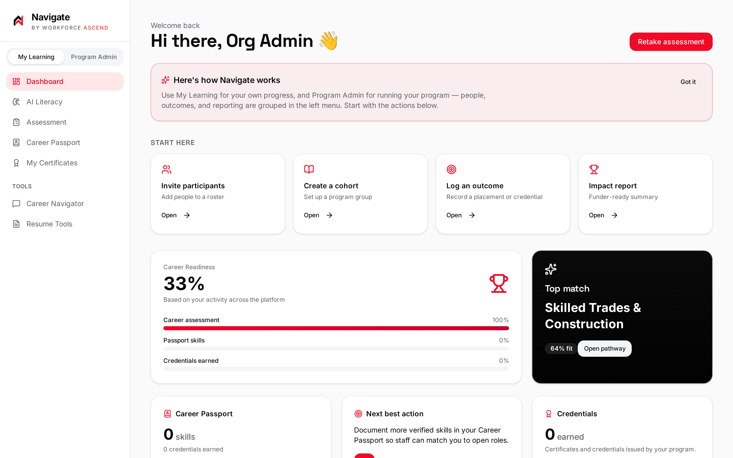 Navigate organization admin dashboard showing career readiness progress, start-here actions, and top career pathway match