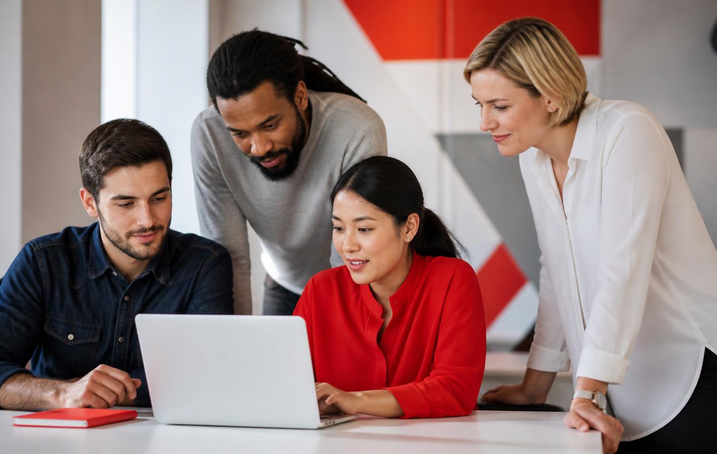 Diverse workforce professionals collaborating on a laptop in a modern office